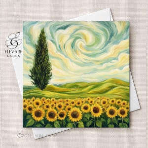 Carte d'art impressionniste représentant des tournesols dans un champ, impression poster pour carte de voeux | Cartonné épais haute qualité brillant carré 5 x 5 6 x 6 8 x 8