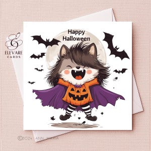 Buon Halloween, simpatico lupo, divertente, eccentrico e stravagante, biglietto d'auguri per bambini da incorniciare/stampa poster/6x6 8 x 8 pollici, lucido di alta qualità deluxe