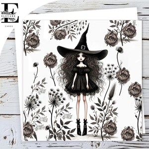 Carte d'Halloween joyeux, fantaisiste, sorcière funky, méchante et mignonne voeux d'anniversaire brillant de luxe 420 g, tailles personnalisables, vrac 5 x 5 6 x 6 8 x 8