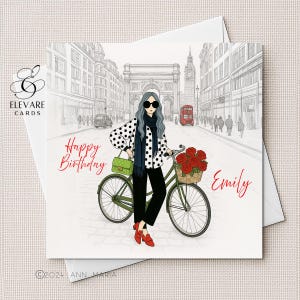 Esquisse urbaine d'une jeune femme et d'un vélo, cadre londonien. carte d'anniversaire | Poster, fille, soeur, amie 6 x 6,8 x 8 haute qualité de luxe 420 g