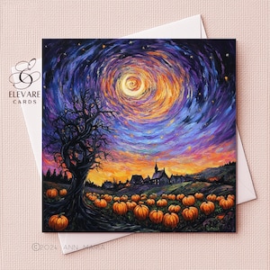 Cartes d'art hanté arbre champ de citrouilles d'Halloween,cartes de vœux à encadrer lunatique automne | Affiche imprimée | 6 x 6 8 x 8 | Brillant de luxe de haute qualité