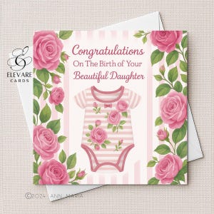Póster "Felicitaciones por el nacimiento de tu hija" / Rosa / Personalizable / Ilustración infantil / Tarjeta cuadrada de alta calidad (15x15x20 cm)