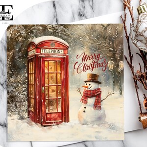 Frosty The Snowman, biglietto di auguri di Natale vintage con cabina telefonica inglese rossa, scegli di personalizzare, biglietto anteriore e interno 6x6 8x8,6 5x5 RISPARMIA in blocco