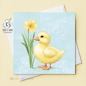 Biglietto di auguri pasquale con pulcino primaverile / Biglietto di auguri personalizzato con pulcino e fiori di narciso / Poster / Carta di alta qualità deluxe con finitura lucida, quadrata, 420 g/m²