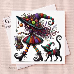 Carte de voeux fantaisiste, sorcière décalée en patchwork, chat noir d'Halloween | Affiche imprimée | 6 x 6 8 x 8 brillant de qualité de luxe