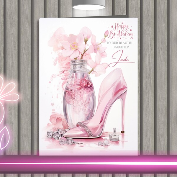 Deluxe Personalised Birthday Card. Gorgeous High Heel Shoe, Very Elegant, Glam. Can Be Customised A5/A4 & Posters Watercolour.