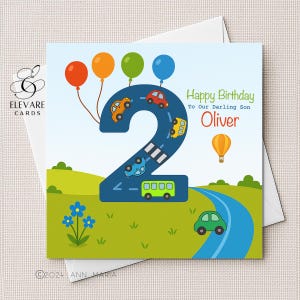 Age Two Birthday Card | Poster. Number 2 Road Car & Personalised Name. Card For Boys, Girls, Son, Daughter Grandson. Quality Sq. 6x6-8x8
