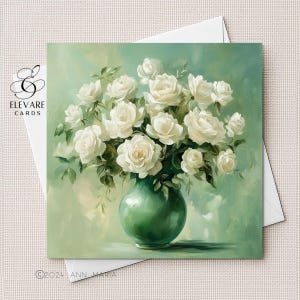 Art postimpressionniste Un vase de roses blanches, carte de voeux poster poster | Cartonné épais haute qualité brillant carré 5 x 5 6 x 6 8 x 8