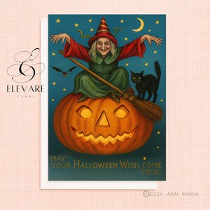 Desejo de Halloween Vintage | Vassoura de Gato Bruxo e Abóbora | Cartão de Saudações Retro, Peculiar e Caprichoso | Impressão de Pôster | A5 A4 | Brilho de Qualidade Deluxe