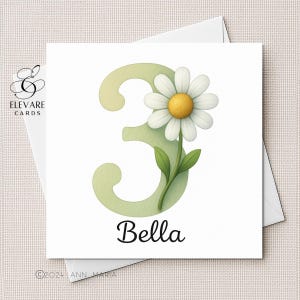 Age Three, Birthday Card | Poster. Number 3 Daisy Design & Personalised Name For Girls, Daughter, Granddaughter. High Quality Sq. 6x6-8x8