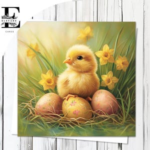 Kaart voor het kuiken van de lente van Pasen | Gepersonaliseerde leuke kaart/poster Chick With Daffodil Flowers | Luxe hoogwaardige kaart en poster met glanzende afwerking 420 gsm