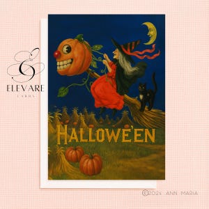 Gato Bruxo de Halloween Vintage e Abóbora Jack O' Lantern | Cartão de Saudações Retro, Peculiar e Caprichoso | Impressão de Pôster | A5 A4 | Brilho de Qualidade Deluxe