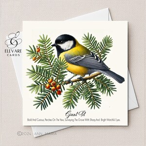 Mésange charbonnière sur if | Aquarelle d'oiseau coloré des bois du Royaume-Uni carte de vœux | Affiche imprimée | Verset | 6x6 8x8 Deluxe haute qualité brillant