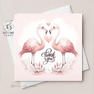 Tarjeta de agradecimiento de boda - Flamencos con corazones. Gracias. Lote de 6 o una tarjeta cuadrada de tamaño personalizable, Deluxe, 420 g/m² (5x5, 6x6, 8x8)