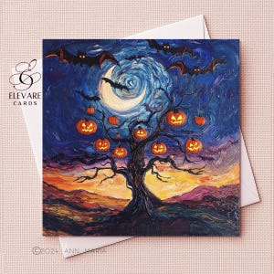 Glücklicher Halloween-Kürbisbaum haunted Kunst-Karte, wunderliche Herbst-Grußkarte | Posterdruck | 6x6 8x8 | Deluxe High Quality Gloss