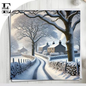 Scène de campagne anglaise du pays des merveilles hivernales, oeuvre d'art vintage de neige de carte de Noël. Carte vierge à personnaliser. Formats 6x6 8x8,6 5x5 En vrac
