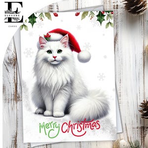 Un chat blanc à poil long coiffé d'un chapeau de Noël. Carte de Noël, joyeux Noël. Une carte amusante pour tous les amoureux des chats. Choisissez Personnaliser. A5, 6x A6