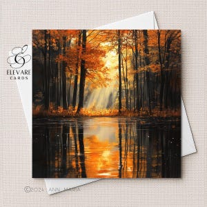 Carte d'anniversaire Art impressionniste, Les lacs d'automne et les bois | Affiche imprimée | Options personnalisées de luxe 420 gsm.  5x5 6x6 8x8