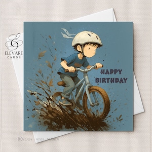 Junge auf seinem Fahrrad, Kindergeburtstagskarte, Sohn, Enkel, Bruder, Neffe. Personalisierte Outdoor-Kinder, Geburtstag quadratische Karte High Quality Finish