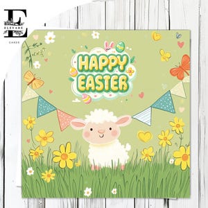 Niedliche fröhliche Oster Karte Frühlingslamm - Frühlingsblumen Karte | Feiere Ostern - Spaß Karte, Poster | Glossy Finish Deluxe High Grade 420g/m²