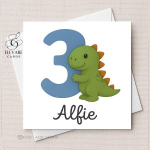 Drie jaar, verjaardagskaart | Affiche. Nummer 3 dinosaurusontwerp en gepersonaliseerde naam voor jongens, zoon, kleinzoon, broer Hoogwaardig vierkant 6 x 6-8 x 8