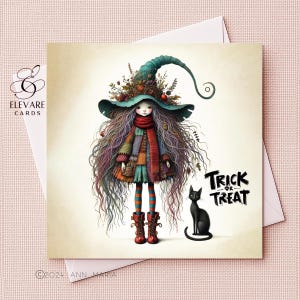 Halloween funky jonge heks pompoen en kat, eigenzinnig, grillig, framebaar wenskaart | Posterafdruk | 6 x 6 8 x 8 inch, luxe, hoogwaardige glans