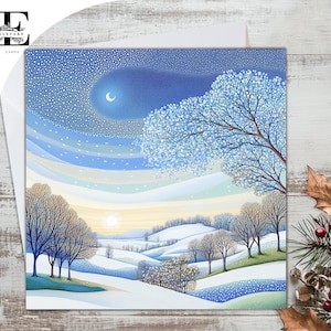 Escena nevada invernal. Árboles en un prado. Tarjeta navideña con nieve, obra de arte impresionista. Elige tu tamaño personalizado: 15x15, 20x20, 17x13 cm. ¡Ahorra al comprar al por mayor!