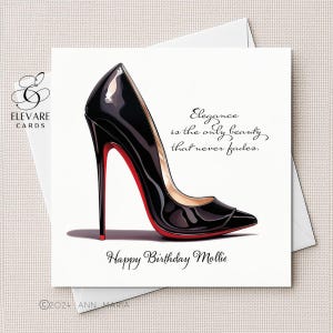 CARTÃO DE ANIVERSÁRIO PERSONALIZADO COM SALTO ALTO PRETO E ESTILIZADO | Pôster Filha, Mãe, Irmã, Mamãe. 15x15x20 cm | Papel brilhante de alta qualidade, 420 g/m²