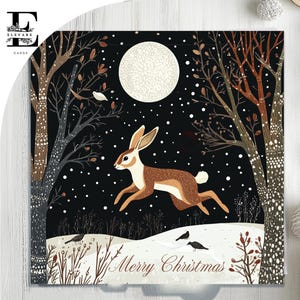 Haas in winterhout, onder maanlicht, kerstkaart, vrolijk kerstfeest Kies om te personaliseren, voor- en binnenkaart 6 x 6 8 x 8,6 5 x 5 BESPAAR bulk Koop