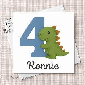 Wiek Cztery, Karta Urodzinowa | Plakat. Numer 4 Dinosaur Design & Personalizowane Imię Dla Chłopców, Syna, Wnuka, Brata. Wysokiej Jakości Kwadrat 6x6-8x8