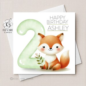 Carte d'anniversaire de renard de chambre d'enfant, affiche. Numéro de toute couleur, personnalisé, bébé, tout-petit, enfant, petit-fils, fille. Carte carrée luxe 6 x 6-8 x 8 po.