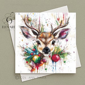 Reindeer Card, Merry Christmas Wildlife in The Woodlands Christmas Card | Poster Print. Personalised |  Blank. High Quality Sq 5x5 6x6 8x8&quot;