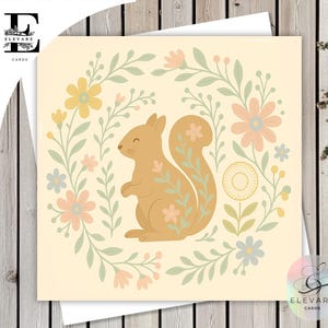 Biglietto e poster scoiattolo scandinavo / Arte popolare primaverile per la cameretta dei bambini / Decorazione per bambini / Perfetto per la cameretta dei bambini o la cameretta dei bambini Biglietti di qualità incorniciabili