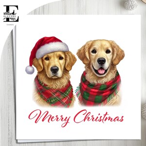 Carte de Noël de deux chiens Golden Retriever, carte pour animal de compagnie, chien coiffé d'un bonnet de Noel. Pour les amoureux des chiens, choisissez de personnaliser l'achat en gros 6 x 6 8 x 8,6 5 x 5.