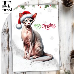 Chat Sphynx, coiffé d'un chapeau de Noël. Carte de Noël, joyeux Noël. Pour les amoureux des chats de tous âges. Choisissez de personnaliser cette carte, A5, 6 x A6