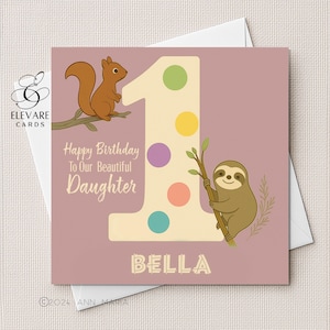 Biglietto di auguri/poster di compleanno per il primo anno di età. Design con bradipo numero 1 e nome personalizzato. Biglietto per bambini, bambine, figlio, figlia e nipote. Qualità 15x15-20x20 cm.