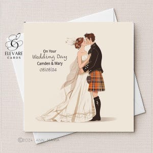 Biglietto di nozze "Il giorno delle tue nozze", kilt scozzese, Scozia / Biglietto personalizzato incorniciabile / Quadrato 6x6 8x8" Lucido Deluxe Alta Qualità 420 g