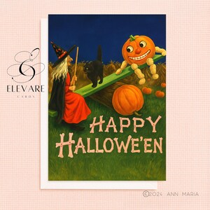 Gato Bruxo de Halloween Vintage e Abóbora Jack O' Lantern | Cartão de Saudações Retro, Peculiar e Caprichoso | Impressão de Pôster | A5 A4 | Brilho de Qualidade Deluxe
