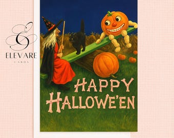 Pode incluir: Cartão de felicitações de Halloween com uma bruxa de vestido vermelho e um gato preto num baloiço com uma abóbora sorridente. As palavras "HAPPY HALLOWE'EN" são cor-de-rosa. O cartão está num fundo branco.