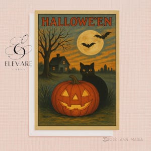 Gato Feliz de Halloween Vintage com Abóbora | Arte Retrô Sinistra, Peculiar, Caprichosa, Cartão de Saudações | Impressão de Pôster | A5 A4 | Brilho de Qualidade Deluxe