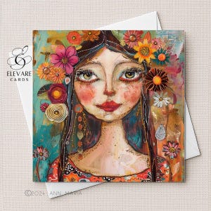 Expressionnisme visage d'une femme, impression d'affiche de carte de voeux de fleurs ornées de soul | Cartonné épais haute qualité brillant carré 5 x 5 6 x 6 8 x 8