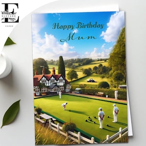 English Village Bowls carte d'anniversaire, papa, maman, grand-père, retraite, finition brillante de carte de bowling, carte carrée de luxe spéciale, personnalisée