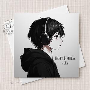 Anime Junge personalisierte Geburtstagskarte, Sohn, Enkel, Bruder, Neffe Illustration schrulliges Kunstwerk ein Kindergeburtstag glänzende Oberfläche für jedes Alter