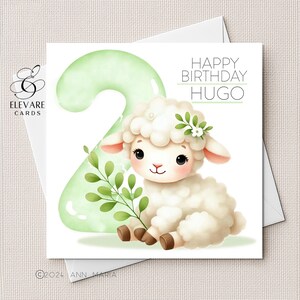 Verjaardagskaart lam kinderkamer, poster. Elk kleurnummer, gepersonaliseerd, baby, peuter, kind, zoon, kleindochter, dochter. Luxe vierkant 6 x 6-8 x 8 inch