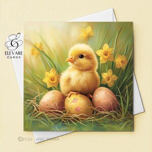 Kaart voor het kuiken van de lente van Pasen | Chick - paaseieren en narcissen Gepersonaliseerde leuke kaart | Poster | Glanzende afwerking Luxe hoogwaardige kaart 420 g/m²