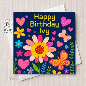 Carte d'anniversaire fleurs papillon. Personnalisé, bébé, tout-petit, enfants, elle lui. Fille, petite-fille. Carte carrée luxe 6 x 6-8 x 8 po.
