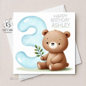 Carte d'anniversaire ours pour chambre d'enfant, affiche. Numéro de toute couleur, personnalisé, bébé, tout-petit, fils, petit-fils, fille petite-fille luxe 6 x 6-8 x 8 po.