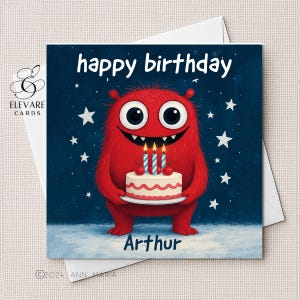Petit monstre rouge, carte d'anniversaire d'enfant. Personnalisé, bébé, tout-petit, enfants, elle lui. Carte carrée luxueuse fille, fils, petit-fils 6 x 6-8 x 8 po.
