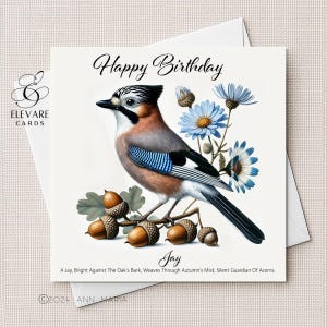 Geai, peinture d'oiseau sauvage coloré des bois du Royaume-Uni, carte de voeux d'anniversaire | Affiche imprimée | Avec verset. 6 x 6/8 x 8 po. Brillant de luxe 420 g/m²