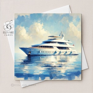 Yacht de luxe sur la mer - carte d'anniversaire ou poster. Fête des pères. Grand-père fils, petit-fils maman, soeur. Carte carrée de luxe brillante, personnalisée